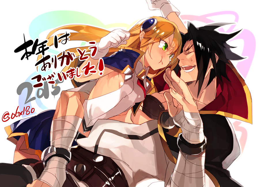 1boy 1girl :t annoyed arc_system_works bandages bare_shoulders belt black_hair blazblue blonde_hair blush breasts cape clenched_hand closed_eyes gloves green_eyes hair_ornament hyakuhachi_(over3) kagura_mutsuki long_hair miniskirt noel_vermillion open_mouth pout short_hair skirt small_breasts smile sweatdrop tears