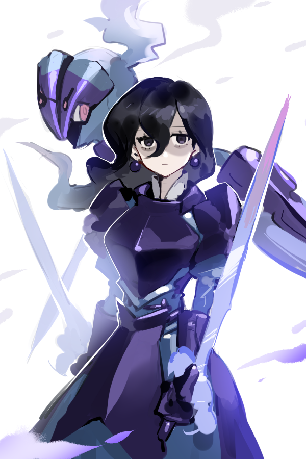 1girl alternate_costume armor bags_under_eyes black_hair bodice bright_pupils ceruledge commentary earrings fiery_hair fire flaming_eyes flaming_sword flaming_weapon hair_between_eyes helmet hex_maniac_(pokemon) hex_maniac_(pokemon_legends:_z-a) high_collar holding holding_sword holding_weapon jewelry long_hair nintendo pokemon pokemon_(creature) pokemon_legends:_z-a purple_armor purple_eyes purple_fire purple_helmet raine_(acke2445) shoulder_armor sphere_earrings sword symbol-only_commentary weapon