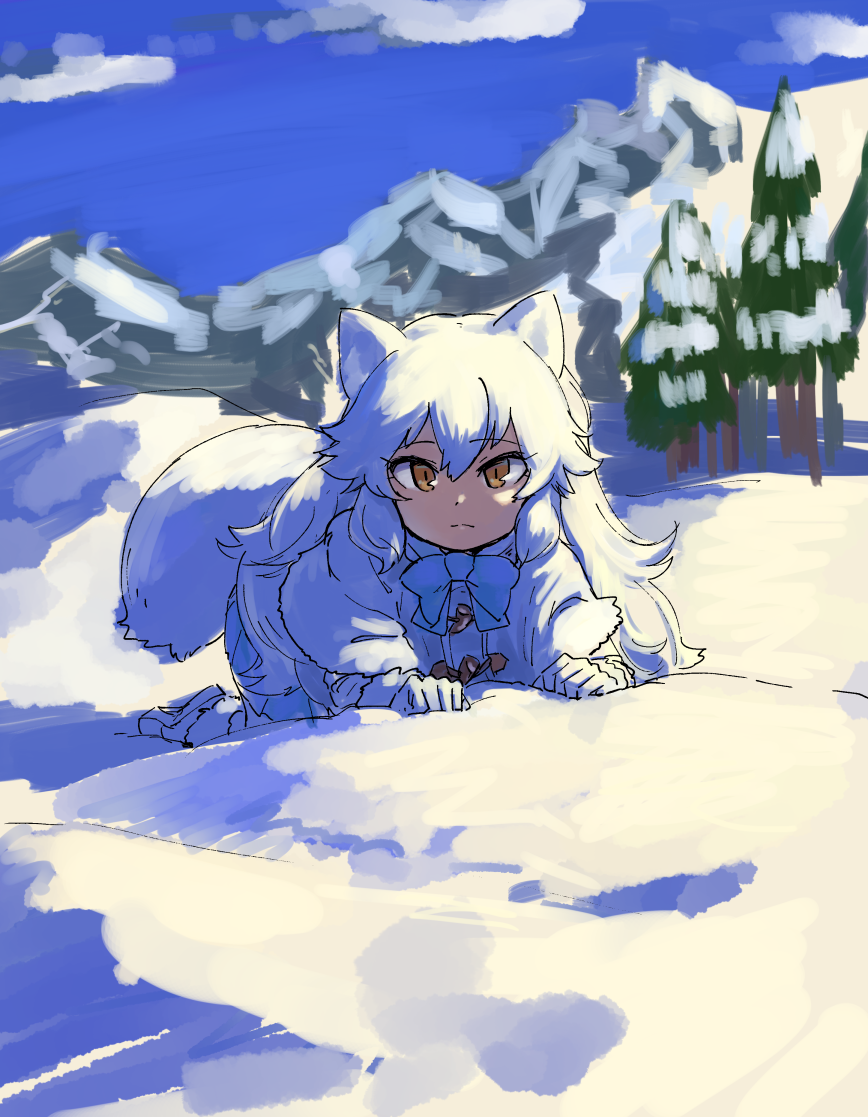 1girl all_fours animal_ears arctic_fox_(kemono_friends) blue_bow blue_bowtie blue_sky bow bowtie brown_eyes capelet cloud commentary_request day fox_ears fox_girl fox_tail full_body gloves hair_between_eyes kemono_friends long_hair looking_at_viewer mountainous_horizon outdoors pleated_skirt rumenia_(ao2is) skirt sky snow solo tail tree white_capelet white_gloves white_hair