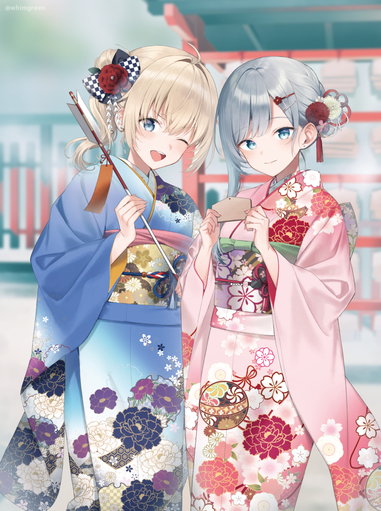 1girl ;d arrow_(projectile) bennett_charlotte blue_eyes blue_kimono blurry blurry_background character_request closed_mouth commentary_request depth_of_field ema floral_print grey_hair hair_bun hamaya holding holding_arrow japanese_clothes kimono maigo_ni_natteita_youjo_wo_tasuketara_otonari_ni_sumu_bishoujo_ryuugakusei_ga_ie_ni_asobi_ni_kuru_you_ni_natta_ken_ni_tsuite midorikawa_you obi one_eye_closed open_mouth pink_kimono print_kimono sash side_ponytail single_side_bun smile solo twitter_username