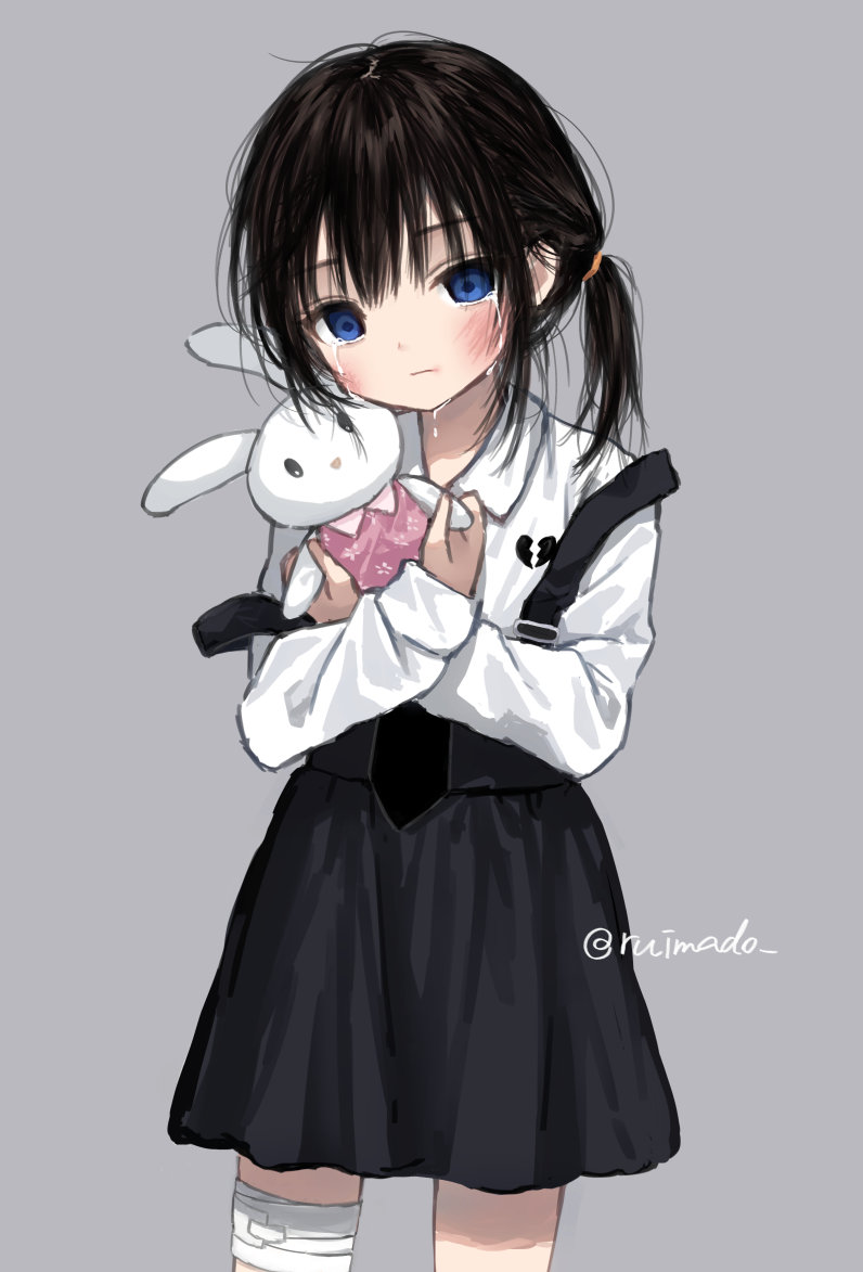 1girl bandaged_leg bandages black_hair blue_eyes blush broken_heart_print collared_shirt commentary crying holding holding_stuffed_toy long_sleeves looking_at_viewer original ruimado shirt side_ponytail skirt solo stuffed_animal stuffed_rabbit stuffed_toy suspender_skirt suspenders symbol-only_commentary