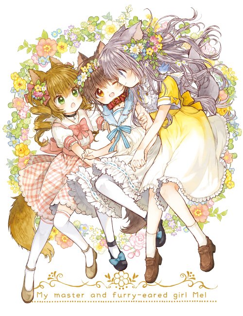 3girls animal_ears ankle_socks belt_collar bird black_choker blue_bird blue_flower bow brown_eyes brown_hair brown_shoes child choker collar dress drill_hair english_text flats flower flower_wreath footwear_bow fran_(goshujin-sama_to_kemonomimi_no_shoujo_meru) frilled_dress frilled_skirt frills goshujin-sama_to_kemonomimi_no_shoujo_meru gradient_clothes gradient_dress green_eyes grey_hair hair_flower hair_ornament holding_another&#039;s_arm holding_hands interlocked_fingers itou_hachi loafers long_hair looking_at_another mary_(goshujin-sama_to_kemonomimi_no_shoujo_meru) mary_janes medium_dress mel_(goshujin-sama_to_kemonomimi_no_shoujo_meru) multiple_girls over-kneehighs pantyhose pink_flower pink_skirt plaid_clothes plaid_skirt puffy_sleeves purple_flower red_collar sailor_dress shoes short_hair short_sleeves skirt sleeveless sleeveless_dress socks suspender_skirt suspenders tail thighhighs twin_drills white_dress white_flower white_pantyhose white_socks yellow_dress yellow_flower yellow_shoes