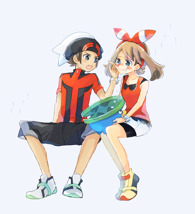 ! 1boy 1girl atsumi_yoshioka beanie bike_shorts bike_shorts_under_shorts black_pants blue_eyes blush bow_hairband bracelet brendan_(pokemon) brown_hair capri_pants closed_mouth collarbone commentary_request crying eyelashes gen_3_pokemon grey_background hairband hand_up hat holding holding_pokemon invisible_chair jacket jewelry lotad may_(pokemon) nintendo open_mouth pants pokemon pokemon_(creature) pokemon_oras red_hairband red_shirt sad shirt shoes short_hair shorts sitting sleeveless sleeveless_shirt sweatdrop tears teeth tongue upper_teeth_only white_footwear white_headwear white_shorts yellow_shoes
