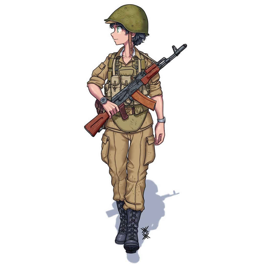 1other ak-74 ambiguous_gender ammunition_pouch arm_at_side assault_rifle belt belt_buckle black_boots black_hair body_armor boots brown_belt brown_hat brown_pants brown_shirt buckle cargo_pants chest_rig chin_strap closed_mouth collarbone combat_boots combat_helmet commentary commission english_commentary field_cap full_body green_eyes green_hat gun gun_sling hammer_and_sickle hat helmet holding holding_gun holding_weapon kalashnikov_rifle lace-up_boots looking_afar looking_to_the_side military military_fatigues military_hat military_uniform original ostwindprojekt pants pocket pouch rifle shadow shirt shoelaces short_hair simple_background sleeves_rolled_up soldier standing star_(symbol) turning_head war_in_afghanistan watch weapon white_background wristwatch