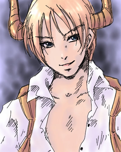 1boy bad_id blacksmith_(ragnarok_online) blonde_hair blue_eyes brown_horns collared_shirt gogatsu_no_hito grey_background horns looking_at_viewer lowres male_focus open_mouth ragnarok_online shirt short_hair smile solo upper_body white_shirt