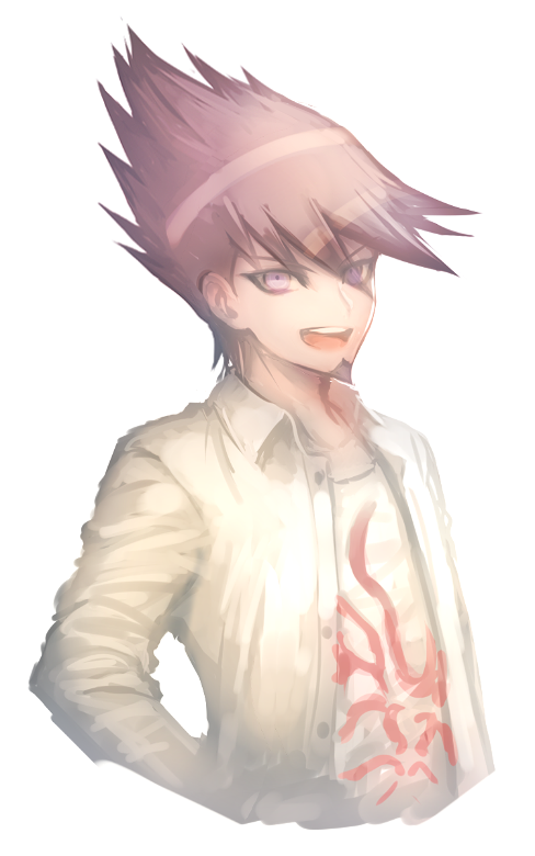1boy cropped_torso danganronpa_(series) danganronpa_v3:_killing_harmony facial_hair goatee hair_between_eyes itsuki_(nightlight) looking_at_viewer male_focus momota_kaito open_clothes open_mouth open_shirt purple_eyes purple_hair shirt simple_background solo spiked_hair teeth upper_body upper_teeth_only white_background white_shirt