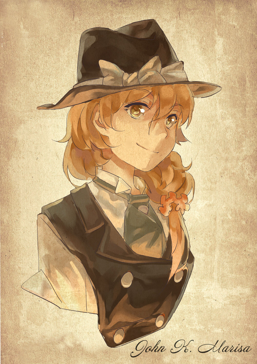 1girl alternate_costume blonde_hair bowler_hat character_name chinese_text female_focus hat highres john_hamish_watson kirisame_marisa long_hair necktie norizc solo the_adventures_of_sherlock_holmes touhou upper_body vest yellow_eyes