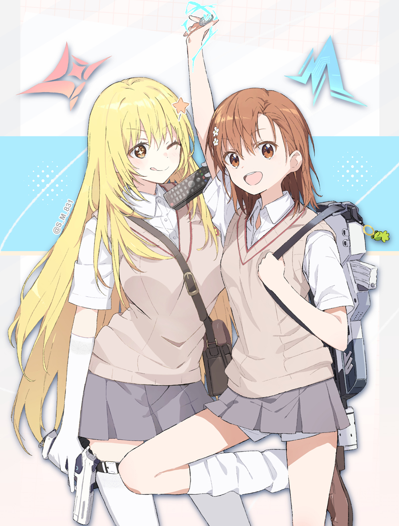 2girls :d ;p arm_up bag blonde_hair blue_archive brown_eyes brown_hair brown_sweater_vest coin collared_shirt elbow_gloves gekota gloves grey_skirt gun hair_behind_ear hair_ornament hairpin halo handbag handgun holding holding_coin holding_gun holding_weapon long_hair looking_at_viewer loose_socks misaka_mikoto multiple_girls one_eye_closed open_mouth pleated_skirt s_m_831 school_emblem school_uniform shirt shokuhou_misaki shorts shorts_under_skirt simple_background skirt smile socks standing standing_on_one_leg star_(symbol) summer_uniform sweater_vest thighhighs toaru_kagaku_no_railgun toaru_majutsu_no_index tokiwadai_school_uniform tongue tongue_out twitter_username weapon weapon_on_back white_gloves white_shirt white_socks white_thighhighs