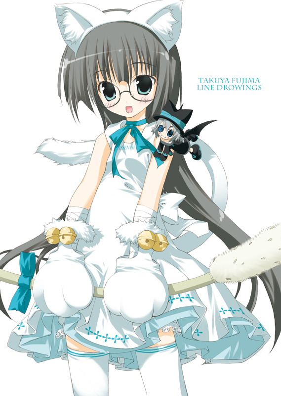 2girls animal_ear_fluff animal_ears animal_hands apron bell blush cat_ears cat_paws cat_tail cowboy_shot dress engrish eyepatch facing_viewer fake_animal_ears fujima_takuya glasses gloves jingle_bell lily long_hair looking_at_viewer mini_person minigirl multiple_girls paw_gloves ranguage simple_background solo standing tagme tail thighhighs white_apron white_background white_dress white_gloves white_thighhighs