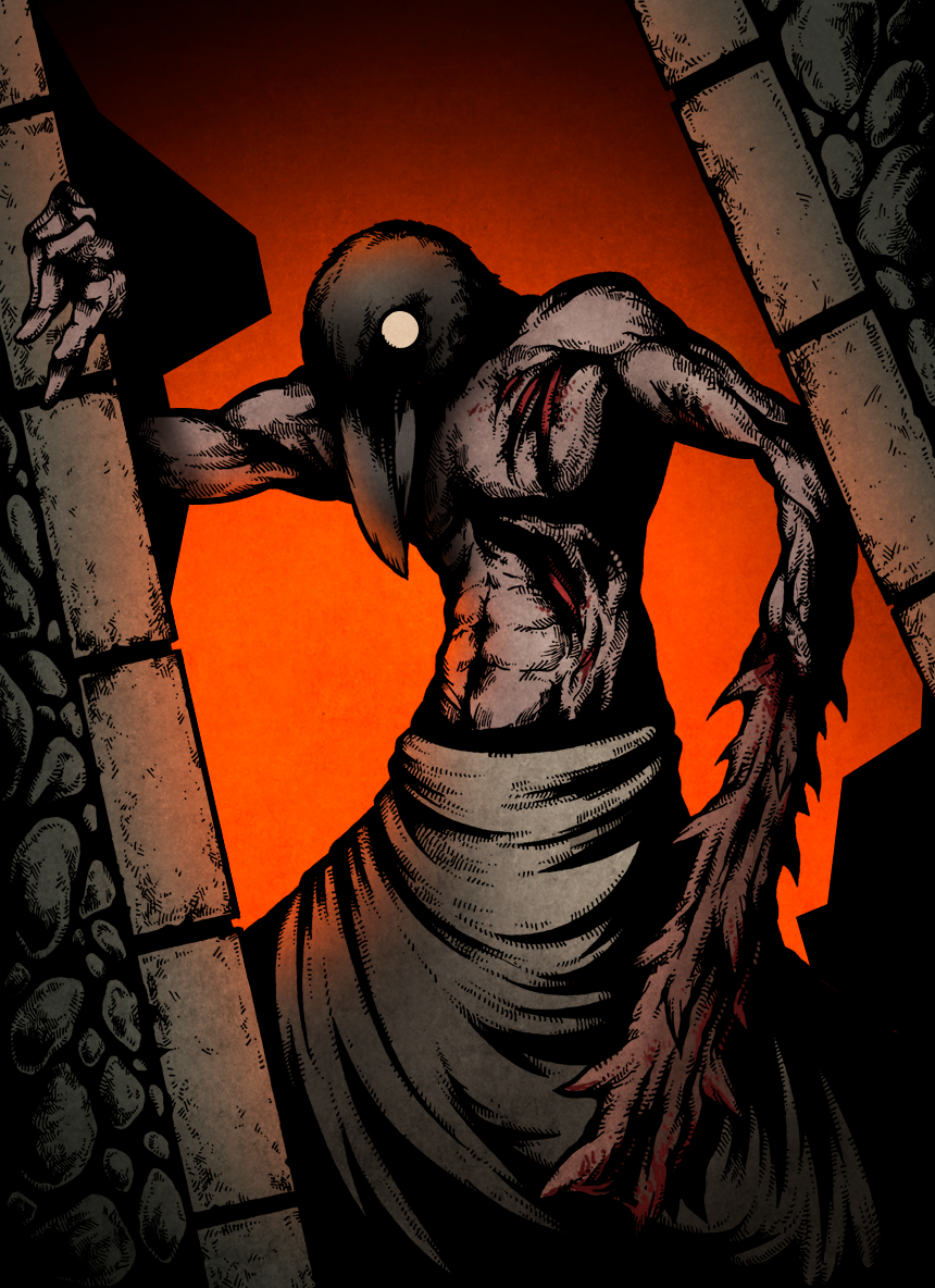 1boy bird_boy brown_skirt commentary crow_mauler fear_&amp;_hunger_(series) fear_&amp;_hunger_1 hand_on_wall looking_at_viewer prosthetic_weapon red_background scar scar_on_chest skirt solo thepsychosheep topless_male