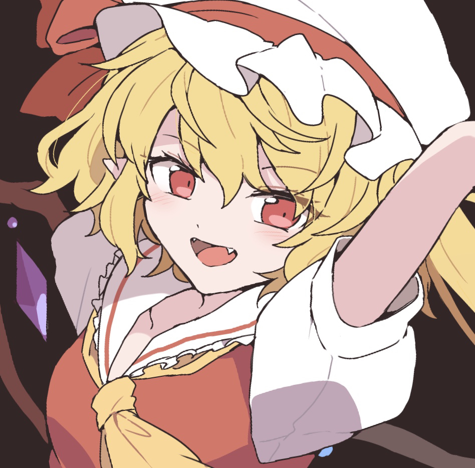 1girl blonde_hair breasts close-up collared_shirt crystal fang flandre_scarlet frilled_shirt_collar frills hat hat_ribbon looking_at_viewer mob_cap neckerchief nojima_minami one_side_up open_mouth pointy_ears red_ribbon red_vest ribbon shirt small_breasts solo touhou vest white_hat white_shirt wings yellow_neckerchief