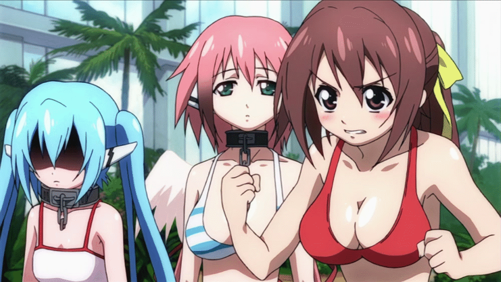 3girls angel_wings angry animated animated_gif bikini bouncing_breasts breasts cleavage ikaros large_breasts mitsuki_sohara multiple_girls nymph_(sora_no_otoshimono) screencap sora_no_otoshimono swimsuit wings