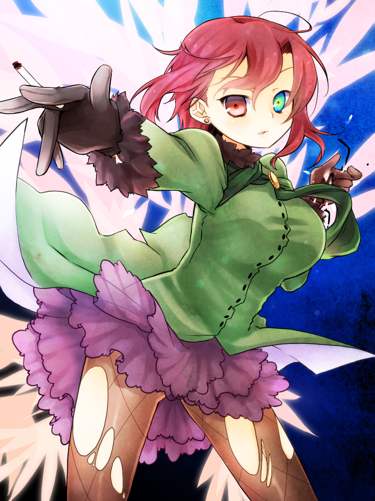 1girl aozaki_touko aozaki_touko_(mahou_tsukai_no_yoru) bad_id bad_pixiv_id blue_eyes cigarette female_focus gloves heterochromia kamehima mahou_tsukai_no_yoru pantyhose red_eyes red_hair short_hair solo torn_clothes torn_pantyhose