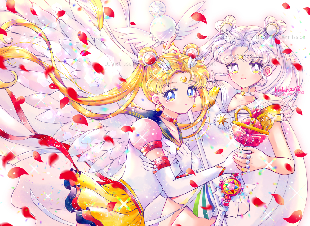 2girls angel_wings bare_arms bishoujo_senshi_sailor_moon bishoujo_senshi_sailor_moon_stars blonde_hair blue_eyes blue_sailor_collar blue_skirt brooch cape choker closed_mouth collarbone cowboy_shot crescent crescent_facial_mark dot_nose double_bun dress earrings elbow_gloves eternal_sailor_moon eternal_tiare facial_mark feathered_wings forehead_mark gloves hair_bun hair_ornament heart heart_choker heart_hair_bun holding holding_staff hoshikuzu_(milkyway792) jewelry layered_skirt long_hair looking_at_viewer magical_girl multicolored_eyes multiple_girls parted_lips petals puffy_sleeves red_choker red_ribbon red_skirt ribbon ring rose_petals sailor_collar sailor_cosmos sailor_moon sailor_senshi sailor_senshi_uniform short_dress signature skirt smile staff standing star_(symbol) star_choker tsukino_usagi twintails twitter_username watermark white_cape white_choker white_dress white_eyes white_gloves white_hair white_ribbon white_sailor_collar white_wings wings yellow_eyes yellow_skirt