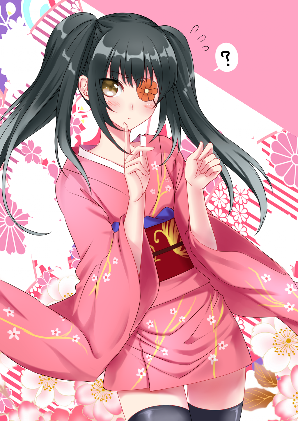 1girl black_hair blush brown_eyes cowboy_shot eyepatch female_focus floral_background floral_print flower flower_eyepatch gintama highres japanese_clothes kaikai kimono long_hair obi pink_kimono sash short_kimono solo thighhighs twintails wide_sleeves yagyuu_kyuubei zettai_ryouiki