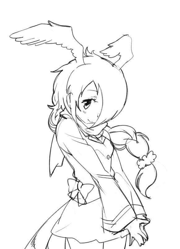 10s 1girl :&gt; belt bird_tail bird_wings blush braid buttons closed_mouth cowboy_shot eyelashes female_focus greyscale hair_ornament hair_over_one_eye hair_scrunchie head_wings kanemaru_(knmr_fd) kemono_friends long_hair long_sleeves looking_at_viewer monochrome official_art own_hands_together palms_together pink-backed_pelican_(kemono_friends) ribbon scarf scrunchie shirt side_braid simple_background single_braid skirt sleeveless sleeveless_shirt smile solo swept_bangs tail tareme white_background wings