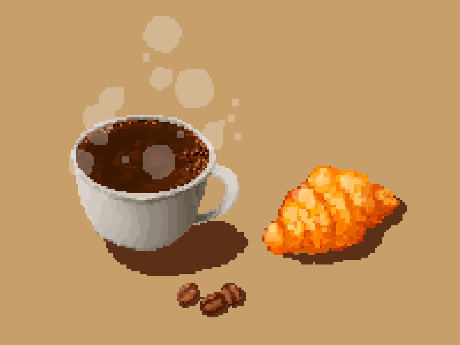 bread breakfast coffee_beans coffee_mug croissant cup drink food highres hisachan55cute mug no_humans original pixel_art scenery shadow simple_background steaming_cup yellow_background