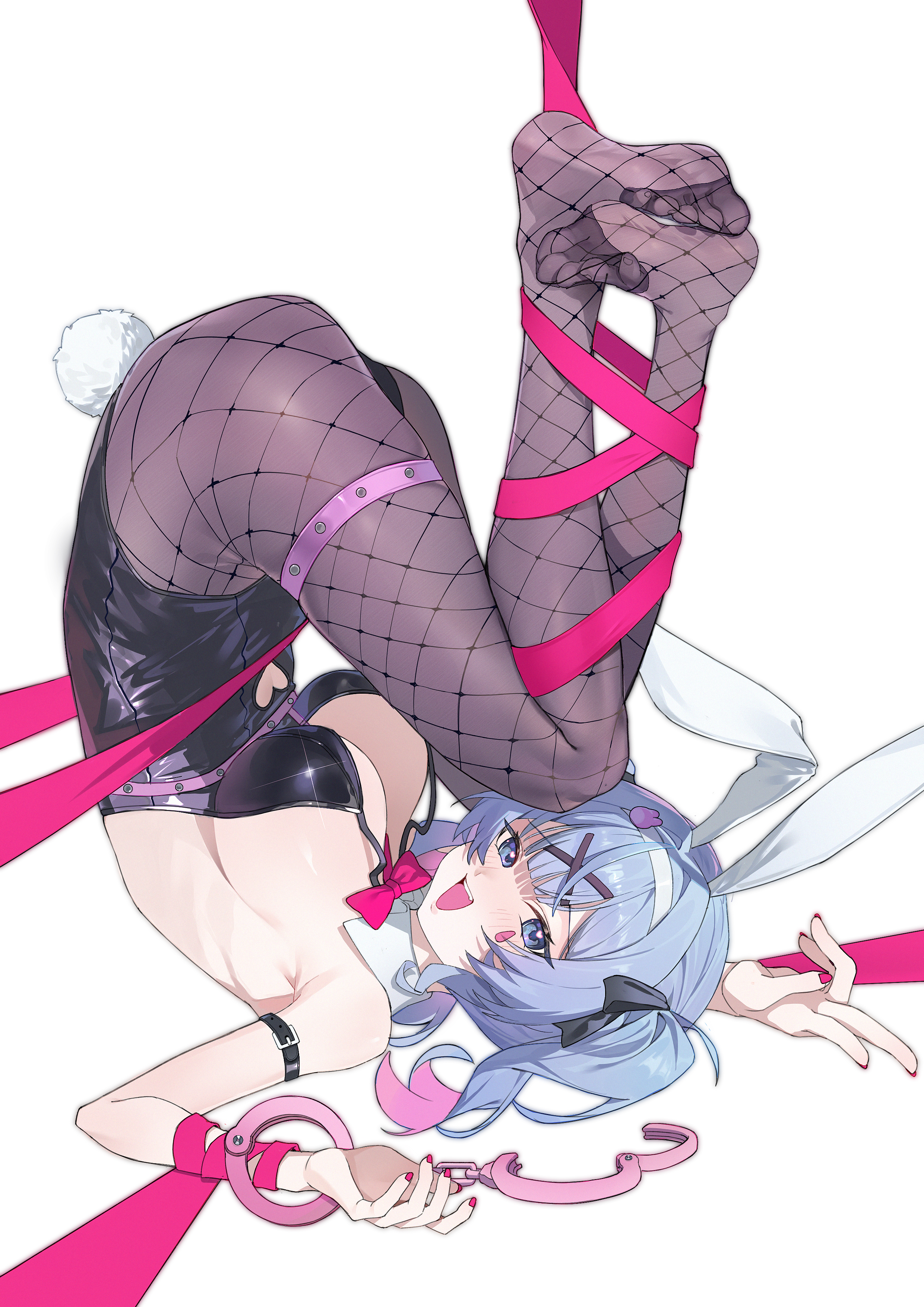 1girl absurdres animal_ears arm_belt arm_ribbon black_leotard black_pantyhose blue_eyes blue_hair blush bow bowtie breasts clothing_cutout commentary_request detached_collar fake_animal_ears fake_tail fishnet_pantyhose fishnets hair_ornament halter_leotard halterneck handcuff_dangle hatsune_miku heart heart_cutout heart_in_eye highleg highleg_leotard highres large_breasts leg_ribbon leotard looking_at_viewer lushi_jin_up nail_polish no_shoes open_mouth pantyhose pink_bow pink_bowtie pink_nails pink_ribbon playboy_bunny rabbit_ears rabbit_hole_(vocaloid) rabbit_tail ribbon simple_background soles solo stomach_cutout symbol_in_eye tail teardrop_facial_mark teeth thigh_strap upper_teeth_only upside-down v vocaloid white_background x_hair_ornament