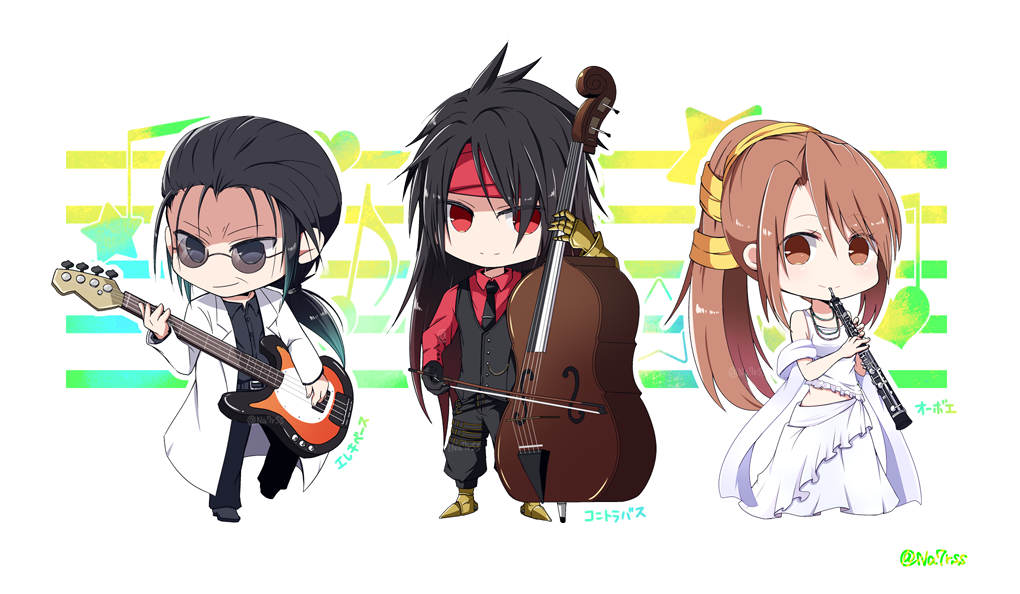 1girl 2boys armored_boots black_gloves black_hair black_necktie black_pants black_vest boots breasts brown_eyes brown_hair chibi clawed_gauntlets closed_mouth clothing_cutout collared_shirt double_bass dress electric_guitar final_fantasy final_fantasy_vii final_fantasy_vii_ever_crisis gloves grey_eyes grey_shirt guitar hair_between_eyes hair_ribbon headband holding holding_guitar holding_instrument instrument jacket lab_coat long_dress long_hair low_ponytail medium_breasts multiple_boys multiple_necklaces music nanao_(zonzonsh) necktie oboe official_alternate_costume pants playing_instrument pointy_footwear ponytail red_eyes red_headband red_shirt ribbon round_eyewear shirt sleeveless sleeveless_dress smile sunglasses tie_clip twitter_username vest vincent_valentine vincent_valentine_(bouncer_suit) waistcoat white_dress white_jacket yellow_ribbon