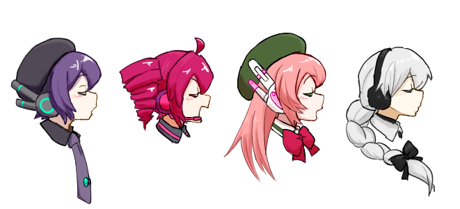 4girls ahoge beret black_bow black_hat bow bowtie braid closed_eyes drill_hair earmuffs from_side green_hat grey_hair hair_bow hat headset kasane_teto kasane_teto_(utau) long_hair momone_momo multiple_girls necktie open_mouth purple_hair purple_necktie red_bow red_bowtie red_hair robot_ears saruyama_ushirou sekka_yufu short_hair simple_background single_braid tie_clip utane_uta utau white_background