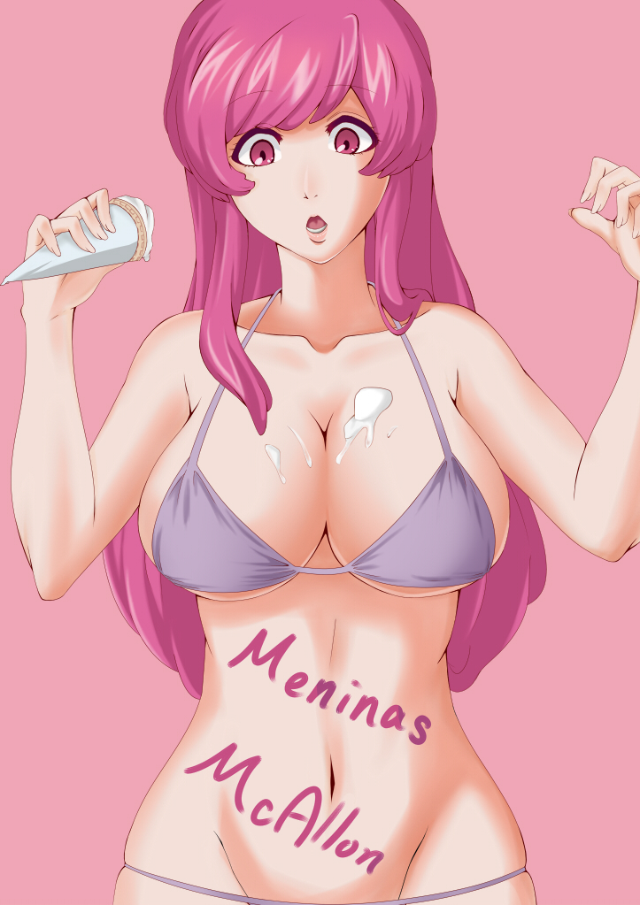 1girl bikini bleach body_writing breasts character_name cleavage collarbone female_focus food groin heikichi ice_cream kusakabelover large_breasts long_hair lowleg lowleg_bikini meninas_mcallon open_mouth pink_background pink_eyes pink_hair purple_bikini quincy_(bleach) simple_background solo swimsuit