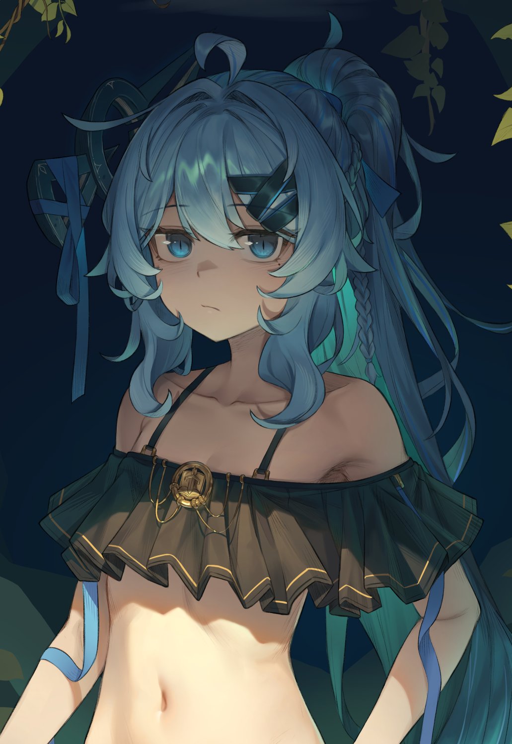 1girl ahisha_(di_le_to) ahoge armpits bare_shoulders bikini black_bikini blue_eyes blue_hair braid closed_mouth collarbone colored_inner_hair di_le_to expressionless flat_chest frilled_bikini frills hair_ornament hair_ribbon highres long_hair looking_at_viewer mole mole_under_eye multicolored_hair navel off_shoulder original ponytail ribbon slit_pupils solo stomach swimsuit upper_body very_long_hair