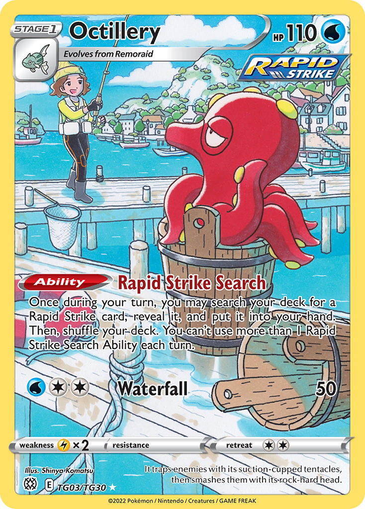 1girl artist_name beanie black_pants blue_sky boat boots brown_hair bucket building card_(medium) character_name cloud company_name copyright_name copyright_notice day dock english_text fisher_(pokemon) fishing_rod gen_2_pokemon grey_boots hat holding holding_fishing_rod in_bucket in_container komatsu_shinya life_vest lifebuoy nintendo octillery octopus official_art open_mouth outdoors pants pokemon pokemon_(creature) pokemon_card pokemon_swsh pokemon_tcg remoraid rope shirt short_hair sky smile standing swim_ring third-party_source trading_card vest water watercraft white_vest yellow_hat yellow_shirt