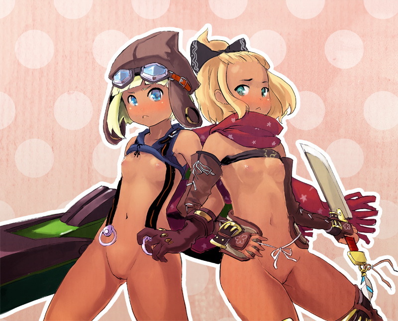 2girls 7th_dragon 7th_dragon_(series) atlus ballista_(sekaiju) ballista_2_(sekaiju) blonde_hair bloodlink blue_eyes blush boots bottomless bow breasts clothes_lift dagger dark-skinned_female dark_skin etrian_odyssey flat_chest gloves goggles goggles_on_head gun hair_bow hat hatch_(7th_dragon) high_ponytail knife midriff multiple_girls navel nipples ponytail pussy ribbon rogue_(7th_dragon) scarf sekaiju_no_meikyuu sekaiju_no_meikyuu_3 shirt_lift short_hair small_breasts strapless tan thigh_boots thighhighs tube_top uncensored weapon