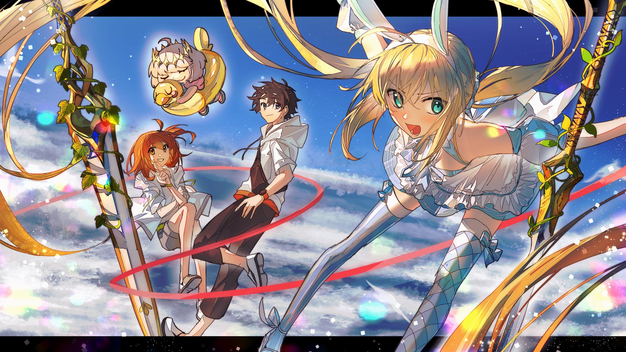 2boys 2girls ahoge animal_ear_hairband animal_ears argyle_clothes argyle_legwear argyle_thighhighs artoria_caster_(fate) artoria_caster_(swimsuit)_(fate) artoria_caster_(swimsuit)_(second_ascension)_(fate) artoria_caster_(swimsuit_berserker)_(fate) artoria_caster_(swimsuit_berserker)_(second_ascension)_(fate) artoria_pendragon_(fate) bare_shoulders belt black_hair blonde_hair blue_dress blue_eyes blue_thighhighs blush bow bow_legwear breasts checkered_thighhighs chibi dress dress_bow duck_innertube fake_animal_ears fanny_pack fate/grand_order fate_(series) fujimaru_ritsuka_(female) fujimaru_ritsuka_(female)_(summer_street) fujimaru_ritsuka_(male) fujimaru_ritsuka_(male)_(summer_street) green_belt green_eyes grey_shorts hairband highres hood hoodie inflatable_armbands innertube jacket long_hair looking_at_viewer multiple_boys multiple_girls oberon_(fate) open_mouth orange_hair pants puffy_short_sleeves puffy_sleeves rabbit_ears shirt short_hair short_sleeves shorts side_ponytail small_breasts smile string string_of_fate striped_clothes striped_thighhighs swim_ring thighhighs twintails two-tone_thighhighs uby401 vertical-striped_clothes vertical-striped_thighhighs white_hoodie white_jacket