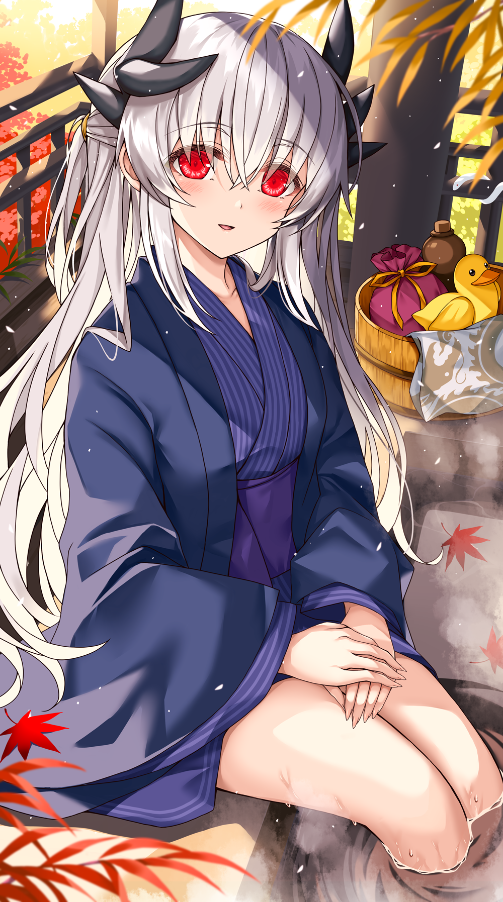 1girl alternate_costume ashiyu bath_yukata blue_kimono bucket dragon_girl dragon_horns fate/grand_order fate_(series) grey_hair highres horns japanese_clothes kimono kiyohime_(fate) kiyohime_(third_ascension)_(fate) long_hair morizono_shiki multiple_horns red_eyes rubber_duck sitting soaking_feet solo wooden_bucket yukata