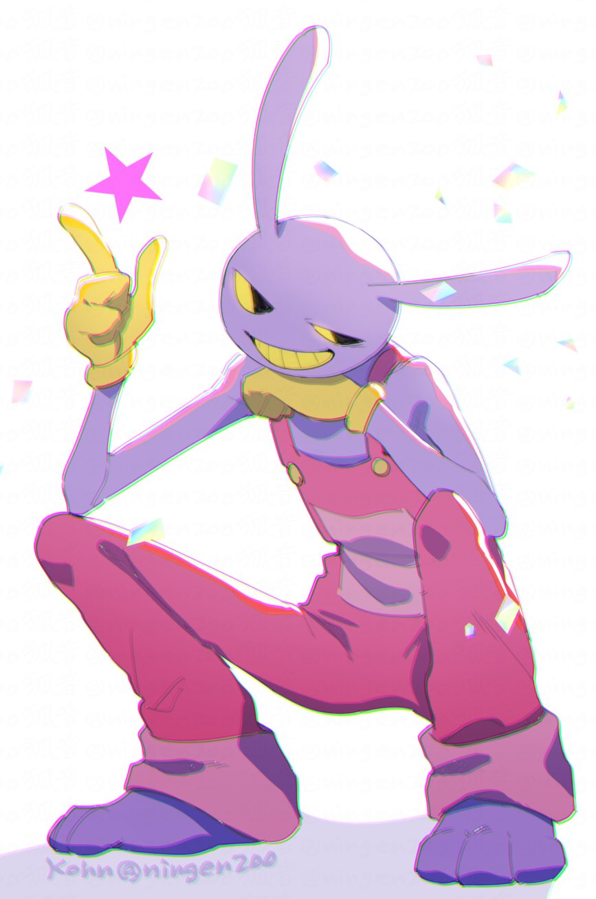 1boy animal_ears animal_feet artist_name black_eyes colored_sclera colored_teeth diamond_(shape) gloves highres jax_(the_amazing_digital_circus) ko-on_(ningen_zoo) no_shoes overalls prism purple_fur rabbit_boy rabbit_ears red_overalls smirk solo squatting star_(symbol) the_amazing_digital_circus triangle white_background yellow_gloves yellow_sclera yellow_teeth