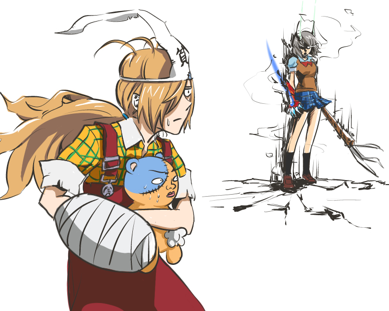 2girls angry bandaged_arm bandages binbougami_ga! blonde_hair duplicate grey_hair hair_over_one_eye holding holding_weapon horns kumagai loafers long_hair messy_hair momiji_(binbougami_ga!) multiple_girls pixel-perfect_duplicate plaid_clothes plaid_shirt sakura_ichiko school_uniform shirt shoes short_hair skirt socks stuffed_animal stuffed_toy sweatdrop sweater_vest teddy_bear triangular_headpiece weapon white_background yhhexileproject