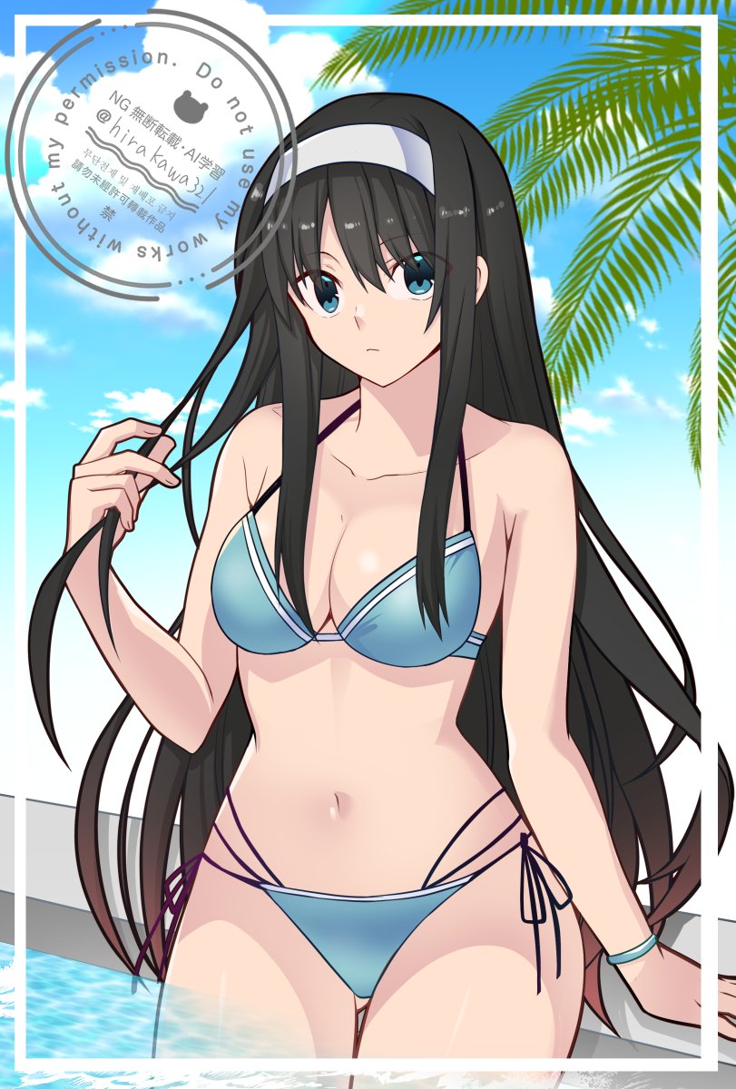 1girl bikini black_hair blue_sky bracelet breasts collarbone grey_bikini hairband halterneck highres hirakawa jewelry long_hair looking_at_viewer navel palm_leaf poolside side-tie_bikini_bottom sky solo swimsuit tohno_akiha tsukihime white_hairband