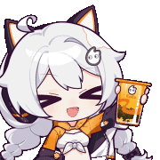 &gt;_&lt; 1girl animal_ears animated animated_gif blue_eyes bubble_tea cat_ears chibi drink fake_animal_ears hair_between_eyes hair_ornament holding holding_drink honkai_(series) honkai_impact_3rd jacket kiana_kaslana kiana_kaslana_(coco) long_hair lowres midriff official_art orange_jacket shirt tied_shirt very_long_hair white_shirt