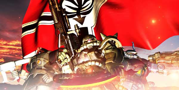 3d axe dom_(mobile_suit) dual_wielding flag gouf gun gundam gundam_zeonic_front heat_hawk holding mecha no_humans official_art robot rocket_launcher weapon zaku zaku_ii zeon