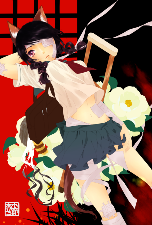 00s 1girl animal_ears bad_id bad_pixiv_id bandages black_hair braid camellia crutch female_focus flower fox_ears fox_tail kobushi_abiru midriff navel necktie open_mouth red_eyes saki_hajime sayonara_zetsubou_sensei school_uniform serafuku skirt solo suitcase tail tsukisaki_hito twin_braids twintails wind wind_lift