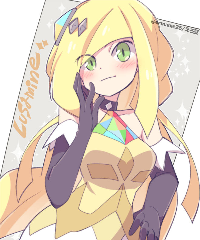 alternate_costume alternate_hairstyle bare_shoulders black_gloves blonde_hair creatures_(company) dress elbow_gloves eromame game_freak gloves green_eyes looking_at_viewer lusamine_(pokemon) lusamine_(sygna_suit)_(pokemon) nintendo official_alternate_costume official_alternate_hairstyle pokemon pokemon_masters_ex