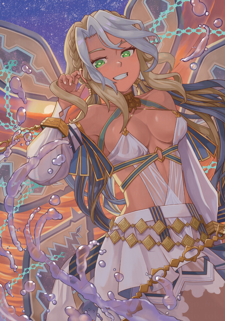 1girl andromeda_(fate) andromeda_(first_ascension)_(fate) armlet bare_shoulders beach belly_chain blonde_hair braid breasts chain cleavage collar crown_braid cuffs dark-skinned_female dark_skin detached_sleeves dress fate/grand_order fate_(series) gold_teeth gradient_sky green_eyes grin hair_ornament highres jaws jewelry large_breasts long_hair looking_at_viewer low_twintails metal_collar multicolored_hair orange_sky purple_sky rio_(pixiv107477746) shackles short_dress sidelocks sky smile solo star_(sky) starry_sky thighs twilight twintails two-tone_hair white_dress white_hair