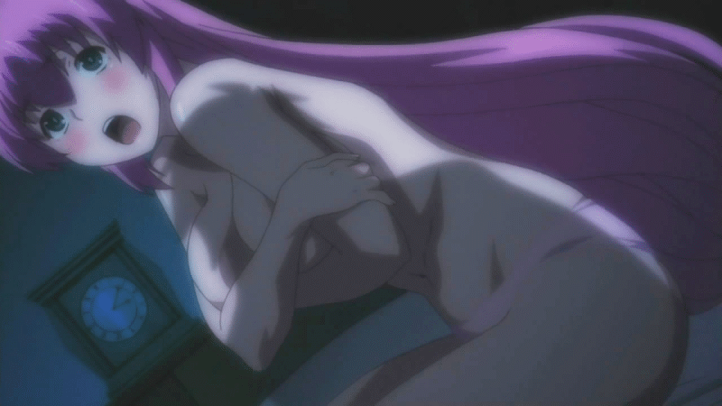 10s 1girl animated animated_gif bed blush breasts cleavage clock covering_privates covering_breasts dark green_eyes hagure_yuusha_no_estetica imminent_rape large_breasts long_hair open_mouth ousawa_miu panties pink_hair pink_panties scared trembling underwear