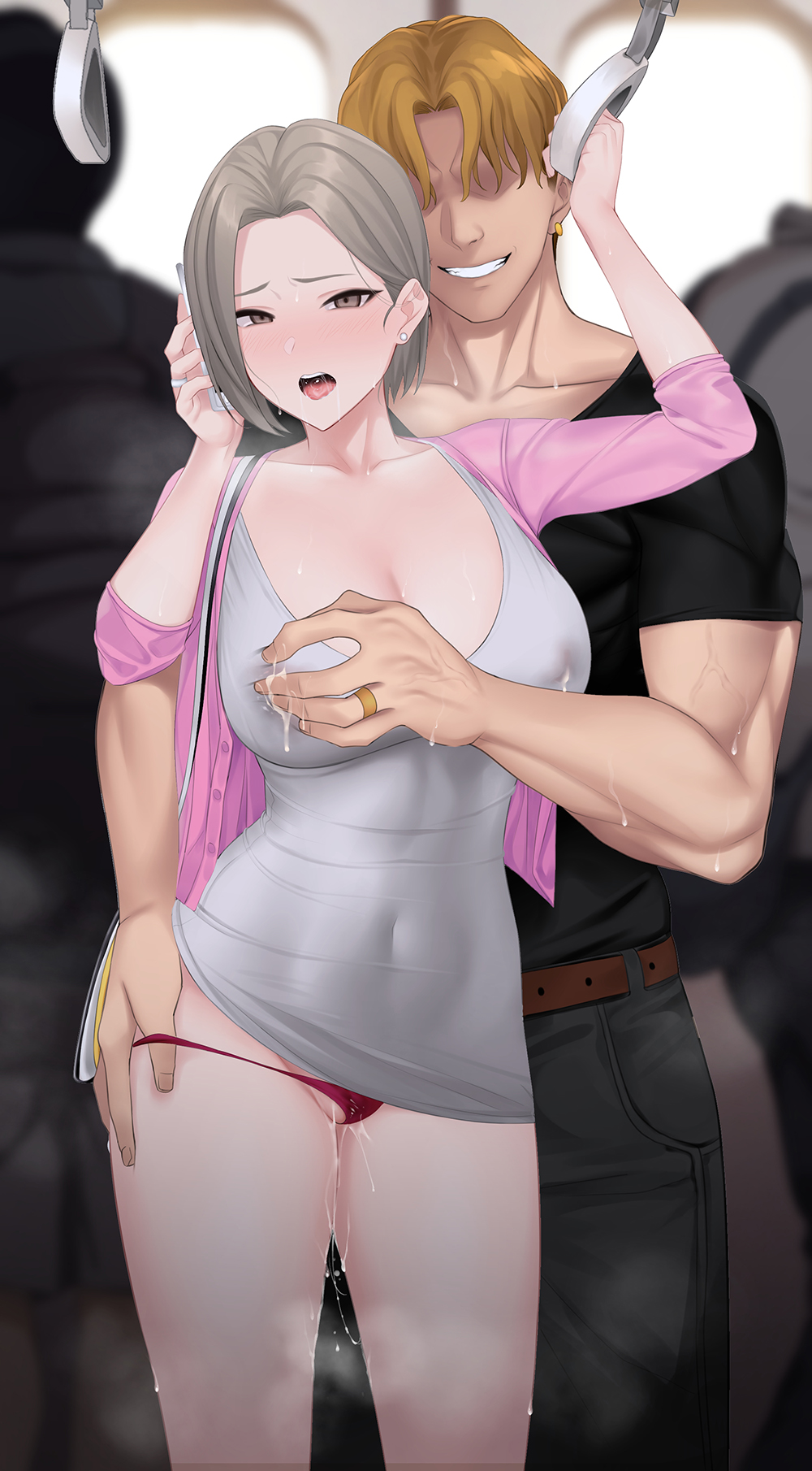 1boy 1girl 2others arm_up belt black_shirt blonde_hair blurry blurry_foreground blush breasts brown_belt brown_eyes calling cardigan cellphone cheating_(relationship) chikan cleavage collarbone commentary covered_erect_nipples covered_navel dress engagement_ring english_commentary exhibitionism faceless faceless_male furrowed_brow grey_hair grey_pants groping hair_behind_ear hetero highres holding holding_phone jjanda lactation large_breasts looking_at_viewer mature_female molestation multiple_others muscular muscular_male open_mouth panties pants panty_pull parted_bangs phone pink_cardigan public_indecency pulling_another&#039;s_clothes pussy_juice pussy_juice_trail red_panties shirt short_dress short_hair smartphone solo_focus steam talking_on_phone teeth tongue train_interior underwear upper_teeth_only very_short_hair white_dress