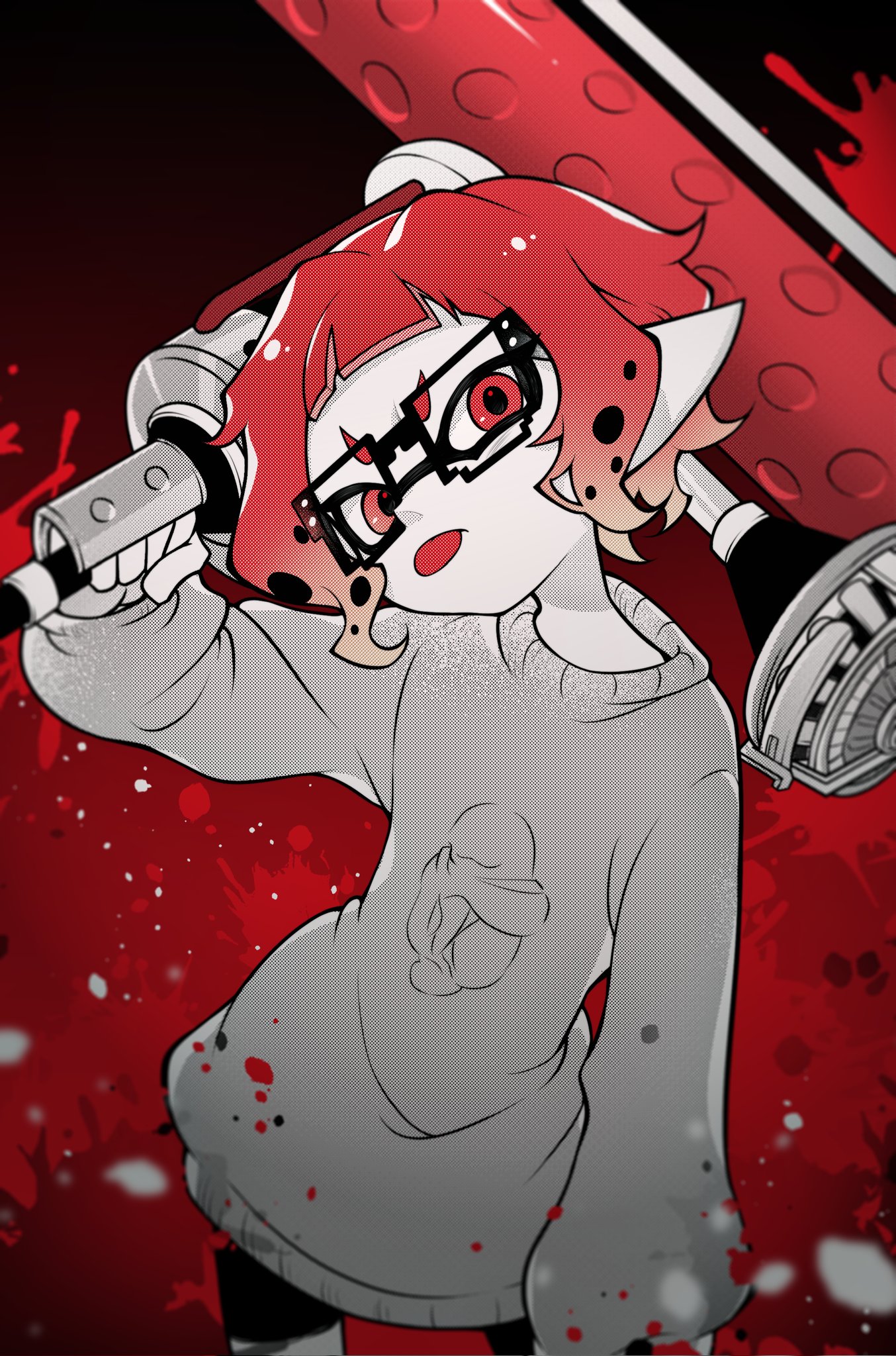 1girl 8-bit_(splatoon) :p arm_up bike_shorts black-framed_eyewear black_background black_shorts closed_mouth commentary cowboy_shot dynamo_roller_(splatoon) glasses gradient_background grey_sweater halftone highres holding holding_weapon inkling liang_cun_rakuna long_sleeves nintendo over_shoulder pale_skin pointy_ears red_background red_eyes red_hair short_hair shorts solo splatoon_(manga) splatoon_(series) splatter_background sweater tentacle_hair tongue tongue_out two-tone_background v-shaped_eyebrows weapon weapon_over_shoulder