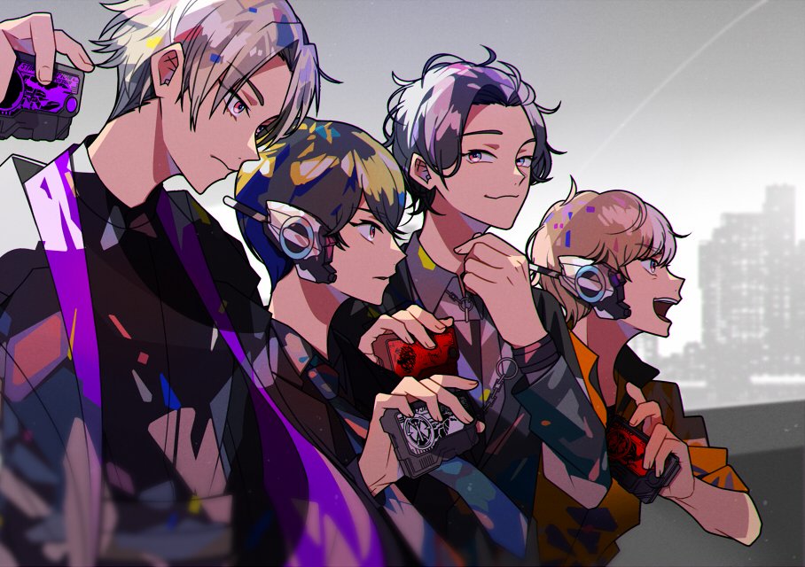 4boys android black_hair black_jacket blonde_hair blue_eyes brown_hair burning_falcon dodo_(bird) from_side headphones henshin hito01 hood hoodie horobi_(kamen_rider_01) humagear_headphones ikazuchi_(kamen_rider_01) jacket japanese_wolf jin_(kamen_rider_01) kamen_rider kamen_rider_01_(series) male_focus multiple_boys naki_(kamen_rider_01) necktie open_mouth orange_jacket progrise_key scorpion shirt short_hair tokusatsu