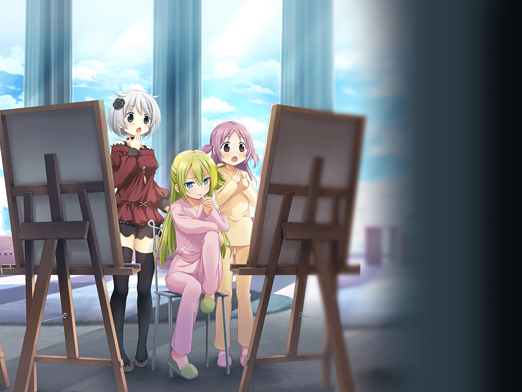 3girls alina_gray artist_request azusa_mifuyu biting biting_own_thumb black_dress black_flower black_thighhighs blue_eyes brown_eyes brown_footwear casual chair clenched_teeth curtains day dot_nose dress easel flower full_body game_cg gasp green_footwear green_hair grey_eyes hair_between_eyes hair_flower hair_horns hair_ornament hair_rings hand_on_own_chin hands_on_own_chest indoors jewelry knee_up lace lace-trimmed_shirt lace_trim light_blush light_rays long_hair long_sleeves magia_record:_mahou_shoujo_madoka_magica_gaiden mahou_shoujo_madoka_magica misono_karin misono_karin_(hospitalized_costume) multiple_girls off-shoulder_shirt off_shoulder official_art on_chair open_mouth pajamas pants pink_pajamas pink_pants pink_shirt pink_slippers puffy_long_sleeves puffy_sleeves purple_hair red_shirt ring rug shirt shoes short_dress short_hair single_hair_ring sitting slippers standing straight_hair sunlight surprised teeth thighhighs two_side_up white_hair window yellow_pajamas yellow_pants yellow_shirt