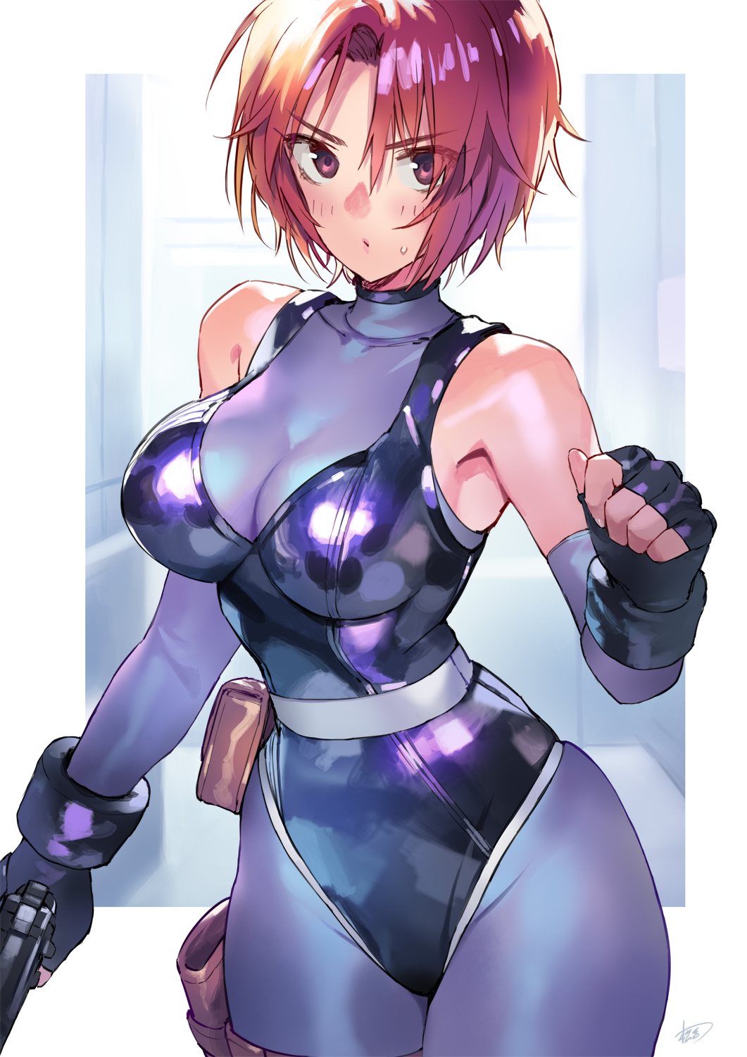 1girl artist_name bare_shoulders belt_pouch black_leotard bodysuit breasts closed_mouth commentary_request commission covered_collarbone dino_crisis fingerless_gloves gloves grey_bodysuit gun handgun highleg highleg_leotard highres holding holding_weapon holster leotard looking_at_viewer matsuda_(matsukichi) medium_breasts pixiv_commission pouch red_eyes red_hair regina_(dino_crisis) short_hair signature skin_tight sleeveless sweat sweatdrop thigh_holster turtleneck weapon