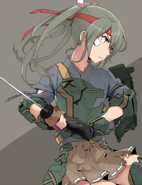 1girl bandage_on_face bandages brown_background commentary_request cowboy_shot eyebrows_visible_through_headband female_focus green_eyes green_hair hair_ribbon hakama hakama_short_skirt hakama_skirt headband holding japanese_clothes kantai_collection katana long_hair looking_to_the_side nape neck red_headband ree_(re-19) ribbon rigging serious skirt solo sword torn_clothes twintails v-shaped_eyebrows weapon white_ribbon zuikaku_(kancolle)