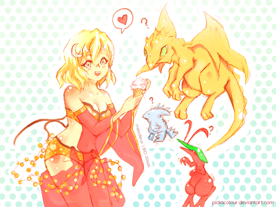 1girl :d ? acidus_(ragnarok_online) bikini blonde_hair blue_background breasts cleavage commentary cowboy_shot crescent crescent_hair_ornament detached_sleeves dragon english_commentary food green_eyes grey_eyes gypsy_(ragnarok_online) hair_ornament harem_pants heart holding holding_ice_cream_cone ice_cream ice_cream_cone medium_breasts open_mouth pants petite_(ragnarok_online) pickacolour polka_dot polka_dot_background ragnarok_online red_novus red_pants red_sleeves see-through_clothes see-through_pants short_hair smile solo spoken_heart swimsuit yellow_bikini
