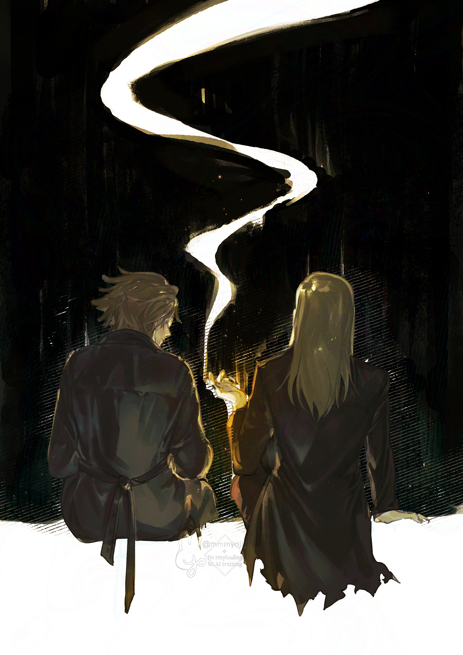 2boys black_coat blonde_hair coat daybit_sem_void fate/grand_order fate_(series) highres long_hair looking_at_another mmmyoji multiple_boys sitting smoke tezcatlipoca_(fate)