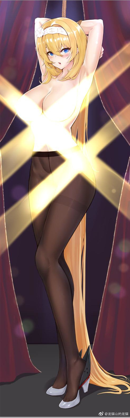 absurdly_long_hair armpits arms_behind_head bdsm blonde_hair blue_eyes blush bondage bound breasts brown_pantyhose cleavage collarbone duke_of_york_(warship_girls_r) full_body hairband hei_ling high_heels highres large_breasts light_rays long_hair pantyhose solo standing tagme topless_female very_long_hair warship_girls_r watermark