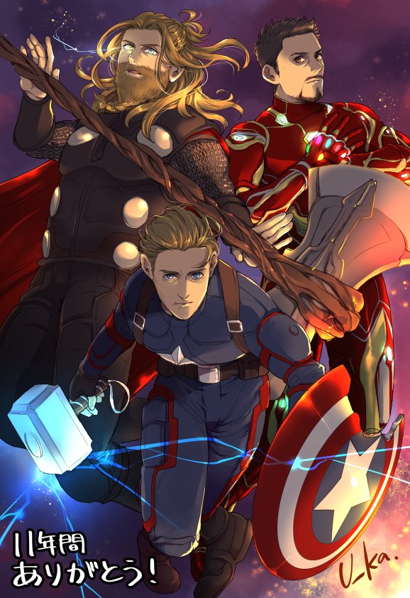 3boys arc_reactor armor artist_name avengers:_endgame avengers_(series) beard belt black_gloves black_hair black_pants black_shirt blonde_hair blue_bodysuit blue_eyes blue_gemstone bodysuit boots brown_belt brown_eyes brown_footwear cape captain_america closed_mouth facial_hair fingerless_gloves fingernails flying full_armor gem gloves green_gemstone hand_on_own_chest hand_up holding holding_shield holding_weapon infinity_gems iron_man lightning long_hair long_sleeves looking_at_viewer male_focus marvel marvel_cinematic_universe mjolnir_(marvel) multicolored_armor multiple_boys open_mouth orange_gemstone outdoors pants pink_gemstone power_armor purple_sky red_armor red_cape red_gemstone shield shirt short_hair sky star_(symbol) steve_rogers stormbreaker superhero_costume thor_(marvel) tony_stark u-ka_(fukei) weapon yellow_armor yellow_gemstone
