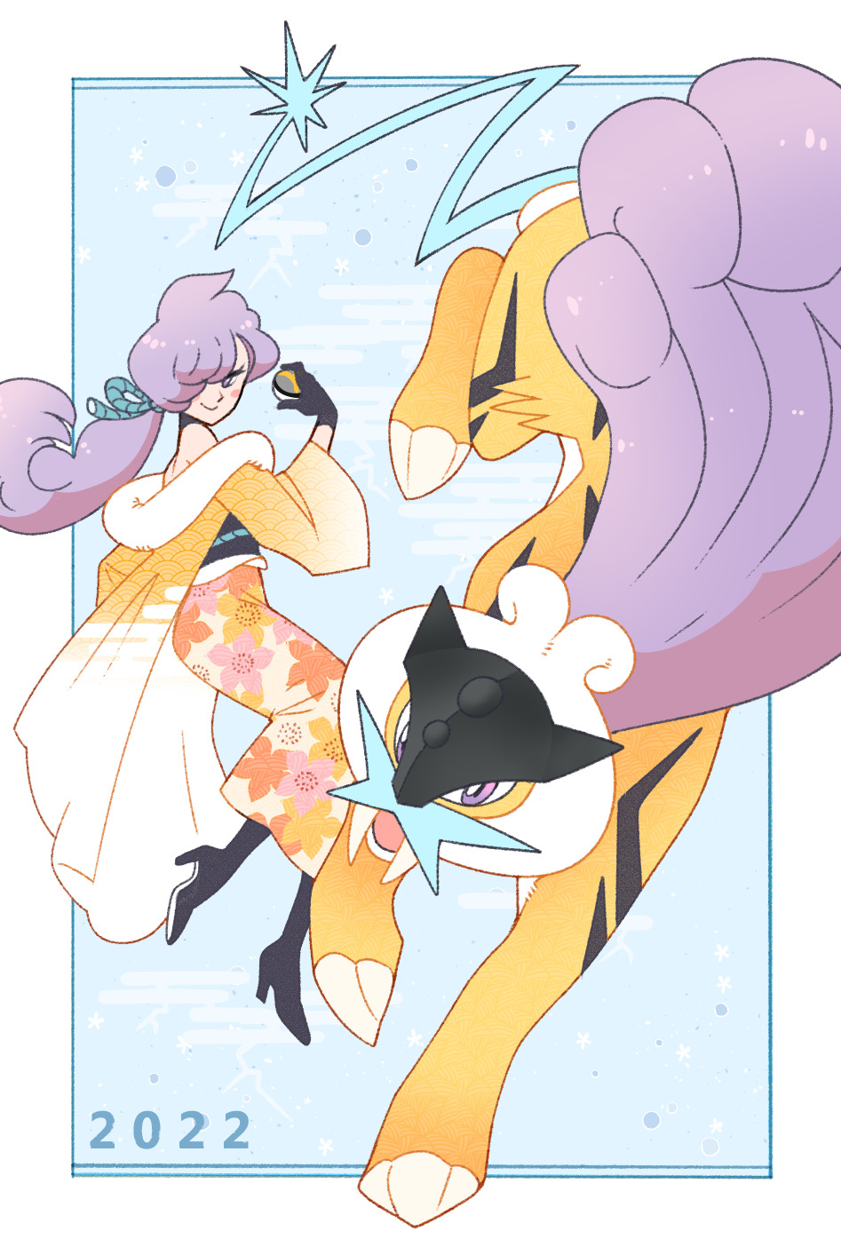 1girl 2022 anabel_(pokemon) black_footwear chinese_zodiac claws fangs full_body gen_2_pokemon hair_over_one_eye high_heels highres holding holding_poke_ball japanese_clothes kimono legendary_pokemon nintendo poke_ball pokemon pokemon_(creature) pokemon_sm ponytail purple_eyes purple_hair raikou tail ultra_ball vergolophus year_of_the_tiger yellow_fur